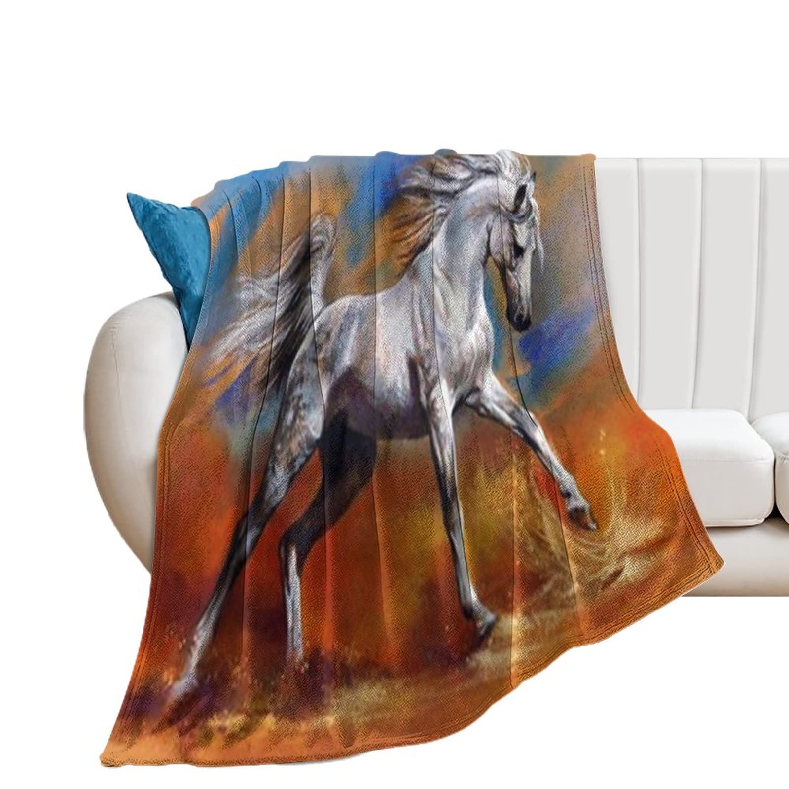 Couverture de canapé imprimée cheval blanc en peluche douce douce pour adultes et enfants 130x150cm