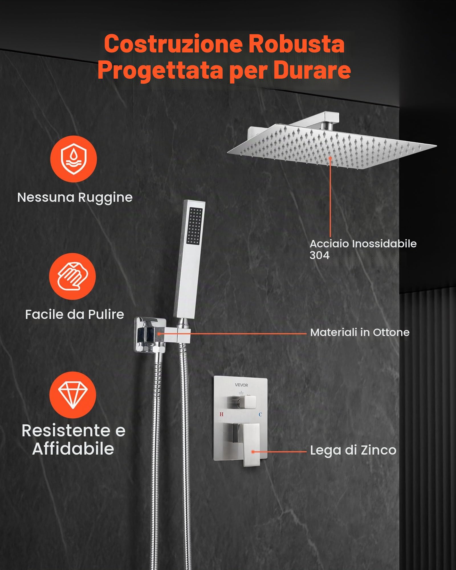 VEVOR Set Doccia, Sistema Doccia a Pioggia per Bagno con Soffione Quadrato da 25,4 cm e Doccetta, Accessori per Vasca da Parete con Valvola in Ottone e Kit di Finitura, Nichel Spazzolato