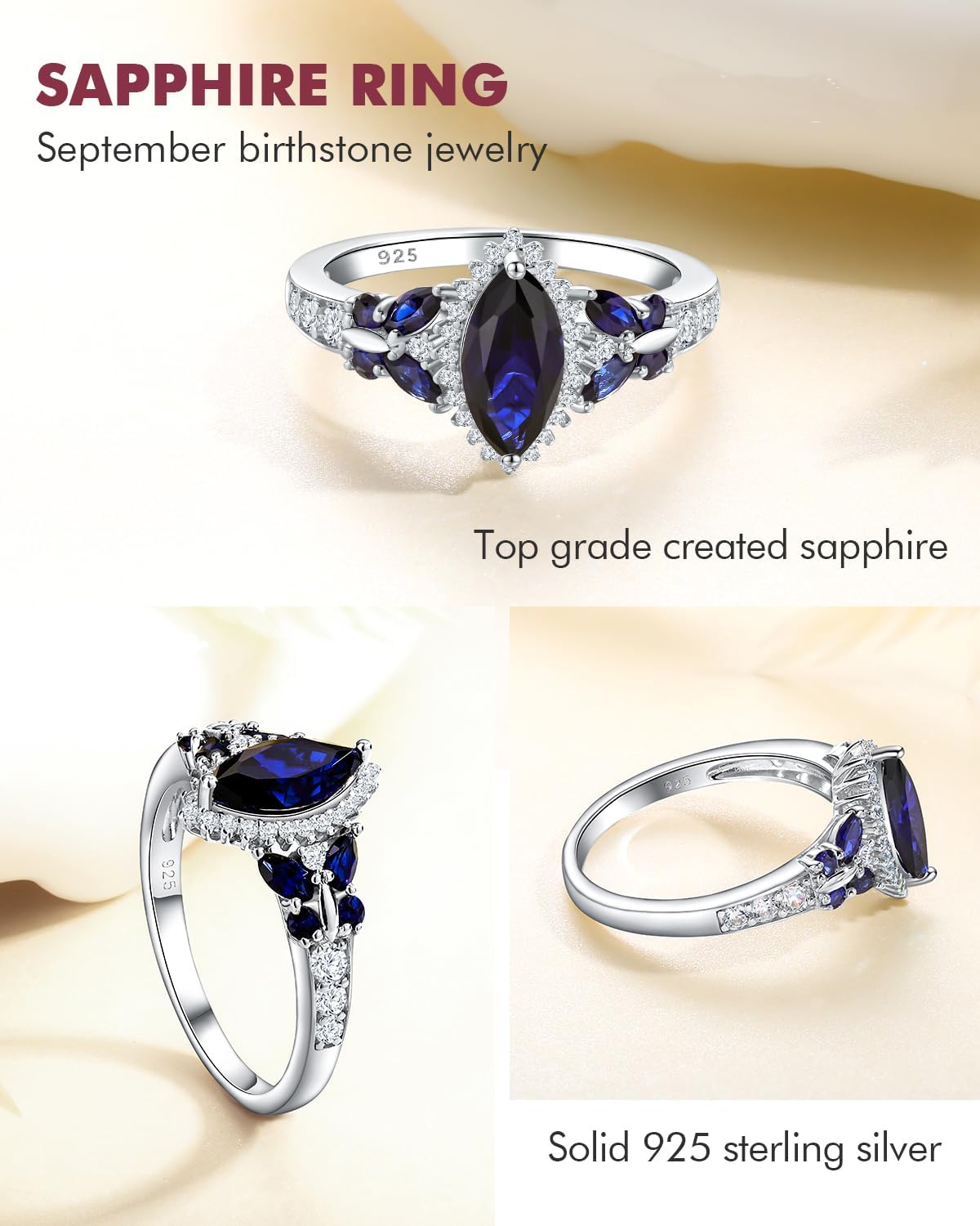 DAYBYDAY Birthstone Rings for Women, 925 Sterling Silver Marquise/Cushion Cut Sapphire/Emerald/Aquamarine Ring, Gemstone Engagement Promsie Rings for Her Size 6-10 - Image 4