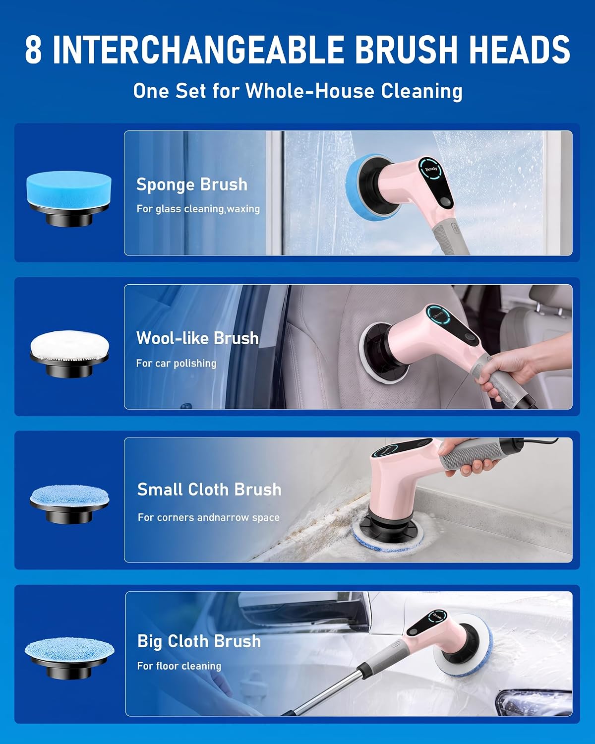 Dovety Electric Spin Scrubber, Extendable Handle, 8 Brush Heads-Pink