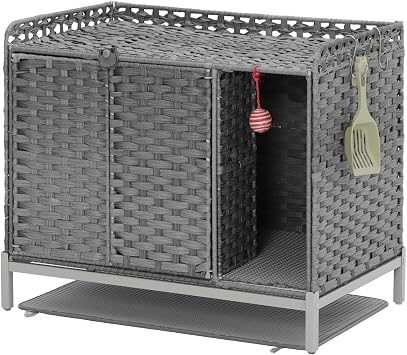 Cat Litter Box Enclosure, Cat Litter Box Enclosure Furniture with Cat Litter Mat, Handwoven Rattan Cat House with Metal Heightened Feet, 31.219.624.2 Inches Living Room, BedroomGray