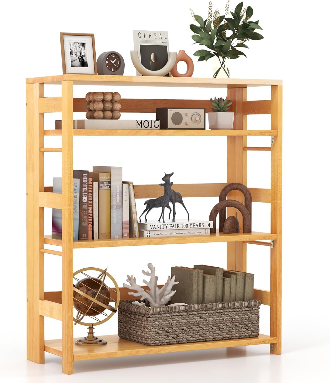 Giantex 4-Tier Bookshelf, 34.5" Floor Storage Shelf w/Rubber Wood Frame, Anti-Toppling Kits, Side Fences, Wood Bookcase for Small Spaces, Open Display Rack for Living Room, Study, Kitchen, Natural