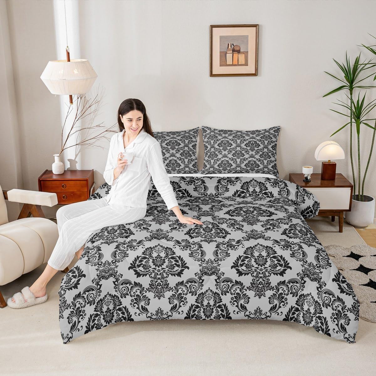 jejeloiu Adults Black Boho Damask Comforter Set Queen Size Vintage Victorian Baroque Floral Bedding Set for Boys Girls Teens Halloween Theme Duvet Quilt Room Decor