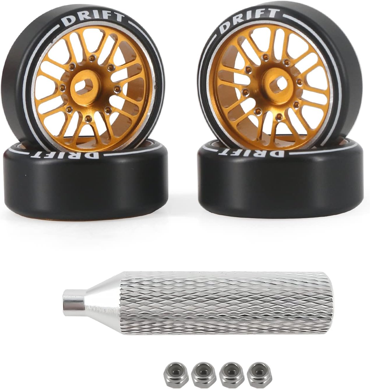 4 Pcs 14 Spoke RC Drift Wheels & Tires - 27mm Diameter, Aluminum Alloy Rims For 1/24 1/28 Scale WLtoys, Kyosho Mini-Z