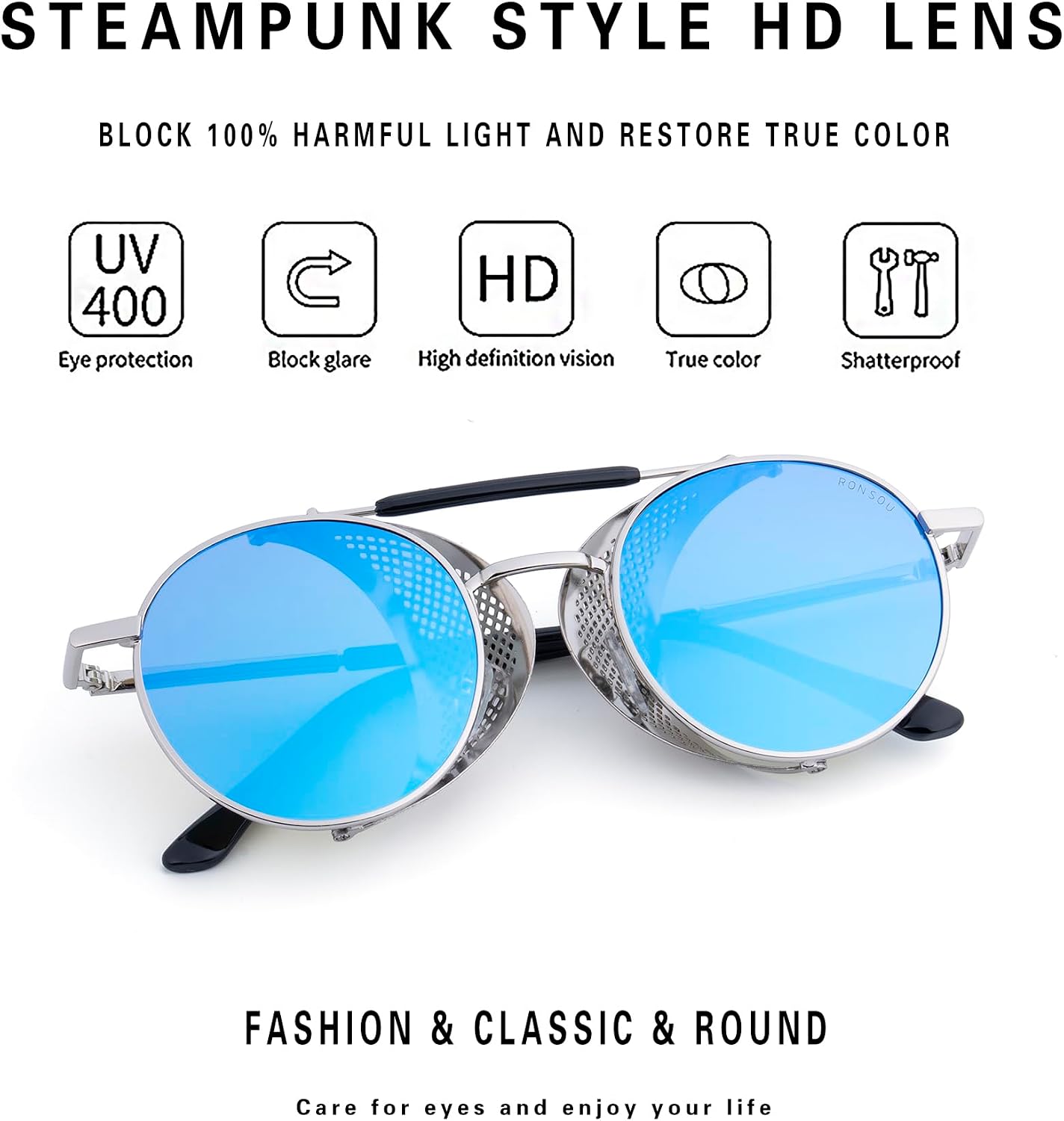 RONSOU Steampunk Style Round Vintage Polarized Sunglasses Retro Eyewear UV400 Protection Matel Frame