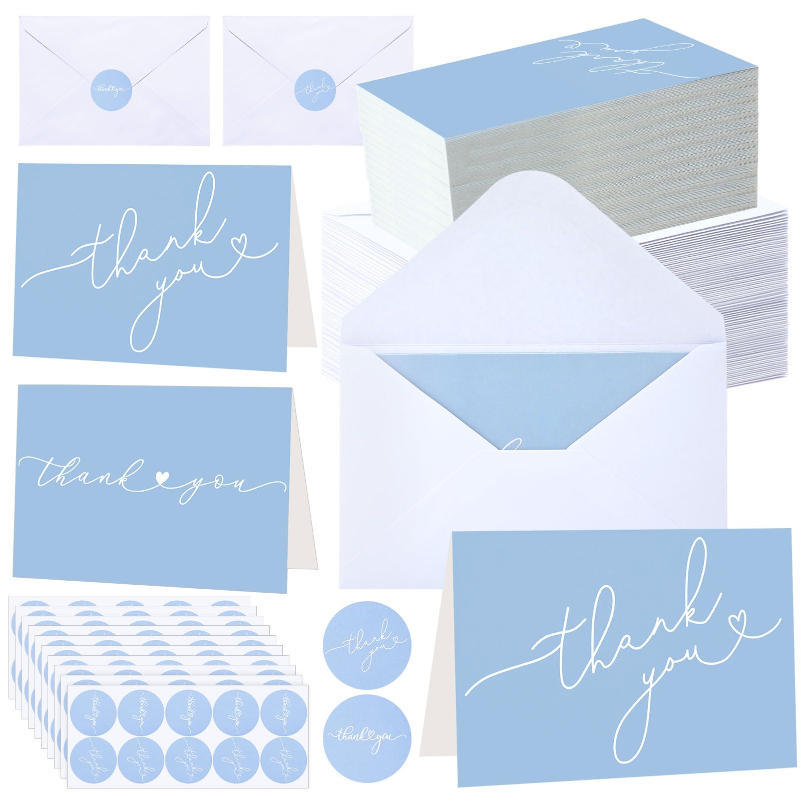Supervitae Paquete de 100 tarjetas de agradecimiento azul claro con sobres y calcomanías de 3.5 x 5 pulgadas, diseños minimalistas, tarjetas de agradecimiento en blanco para bodas de negocios, baby