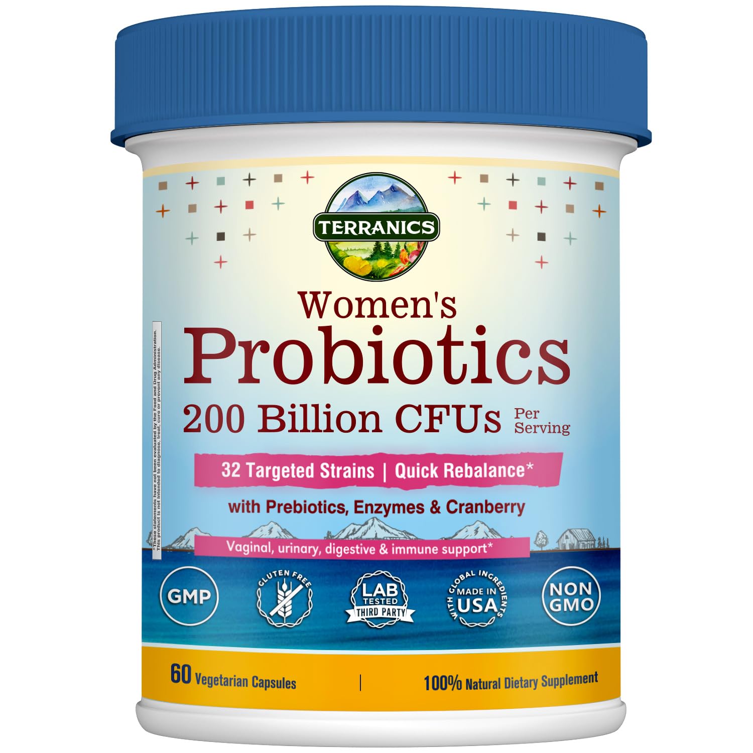 Terranics Daily Probiotics for Women, 200 Billion 32 Strains Womens Probiotics, with Cranberry, Prebiotics & Enzymes, Rebalance Vaginal Flora & pH, Delayed Release, Shelf Stable, 60 Vegan Caps