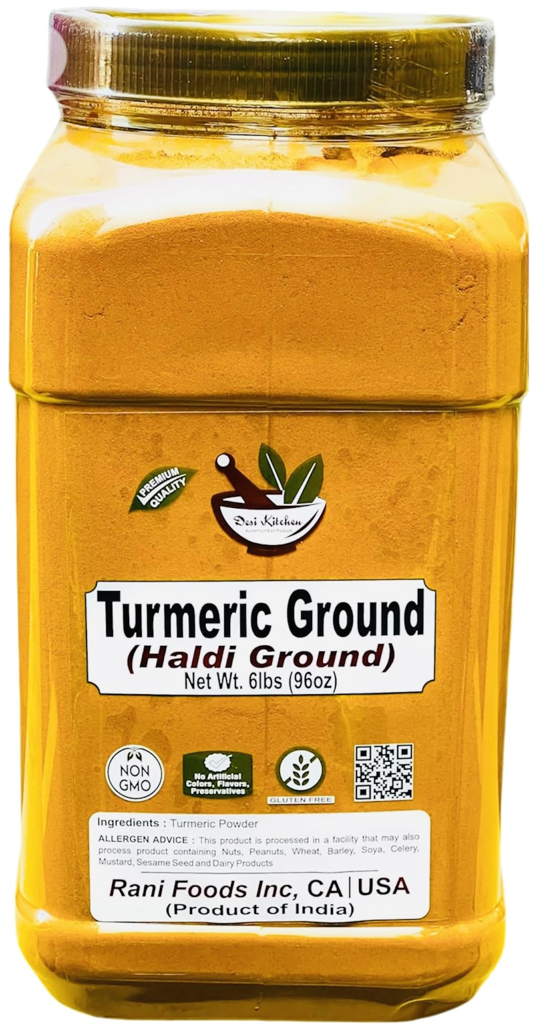 Desi Kitchen Turmeric Ground (Haldi Powder) 6lb (2.72kg) (High Curcumin Content) PET JAR, Bulk ~ All Natural 100% Pure