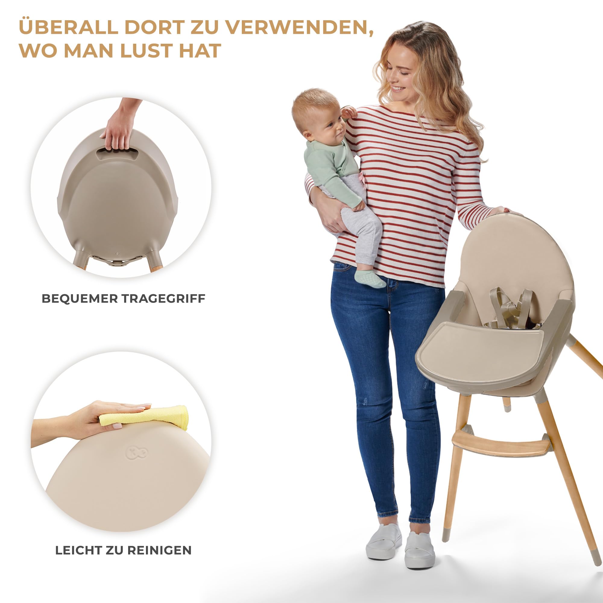 Kinderkraft Hochstuhl FINI2 2 in 1, Kinderhochstuhl, Babystuhl, Kombihochstuhl, Beine aus Holz, Sicherheitsgurte, Fußstütze, Doppeltablett, ab 6 Monate bis 5 Jahre, 5 Punkt Gurte, Beige