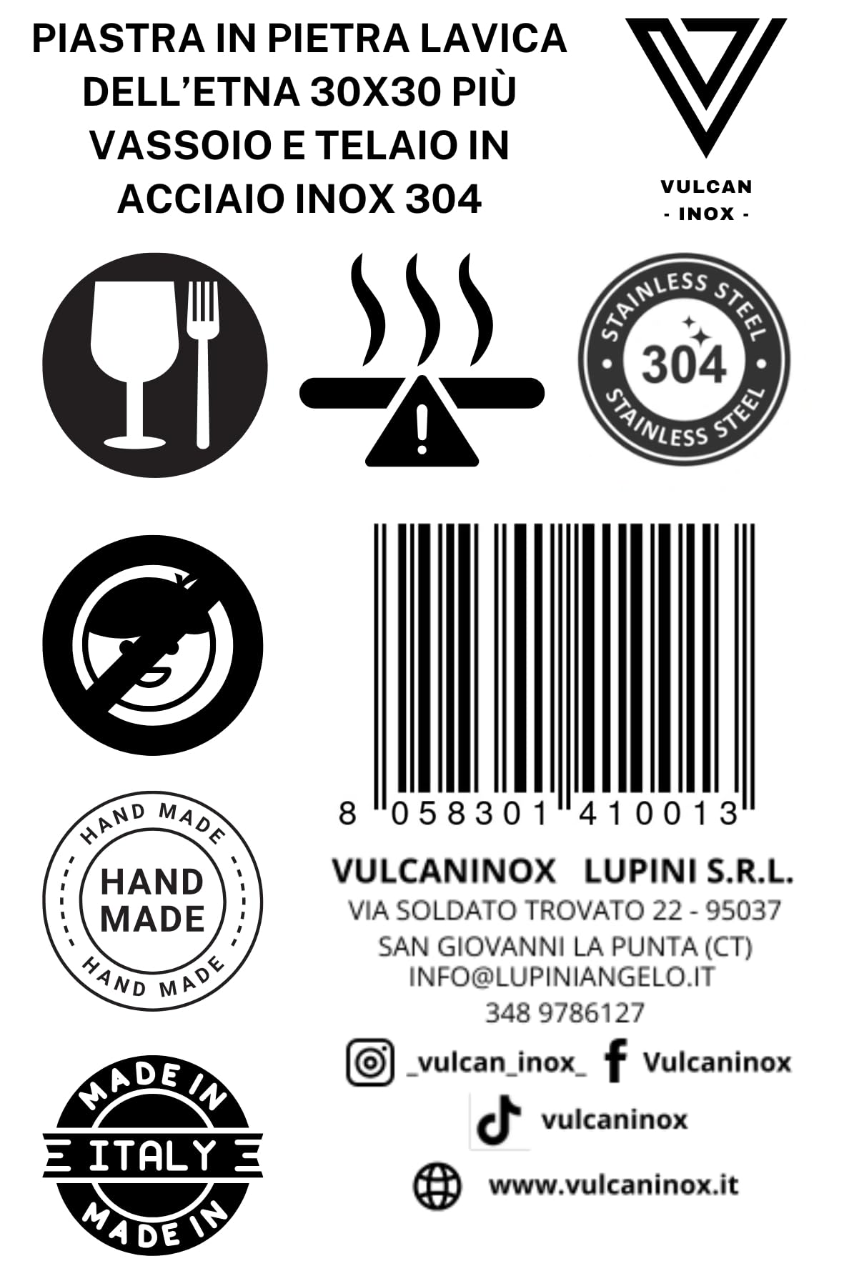 Vulcaninox | Piastra in Pietra lavica dell'Etna con telaio in Acciaio Inox | barbecue, forno | MADE IN ITALY (30 x 30 x 5)