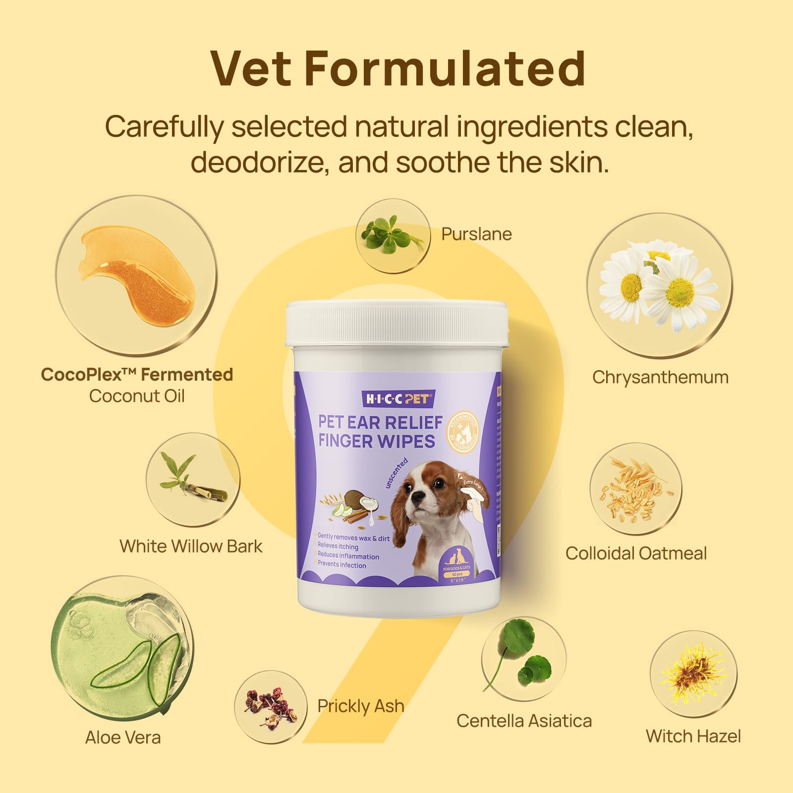HICC PET Ear Cleaner Wipes for Dogs & Cats, Vet-Recommended Dog Ear Infection Treatment to Relief Itching & Inflammation, Remove Wax, Dirt & Stop Smelly, Cleaning Deodorizing Wipes 50ct(Unscented) - image 5
