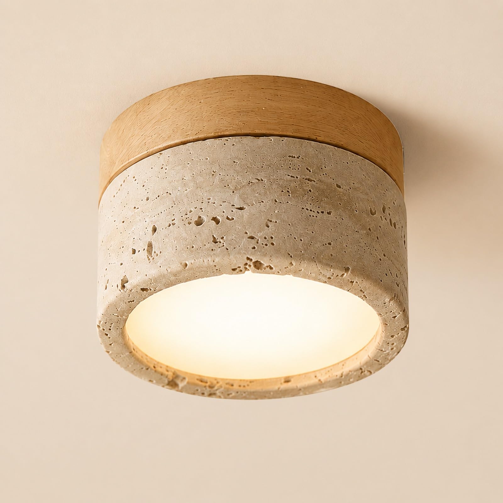 ITOSUI Natural Travertine Mini Ceiling Light Wood Flush Mount Ceiling Lamp, Japanese Style Stone Ceiling Lighting Fixture, Vintage Ceiling Lamps for Hallway Farmhouse Stairway(Wood Color)
