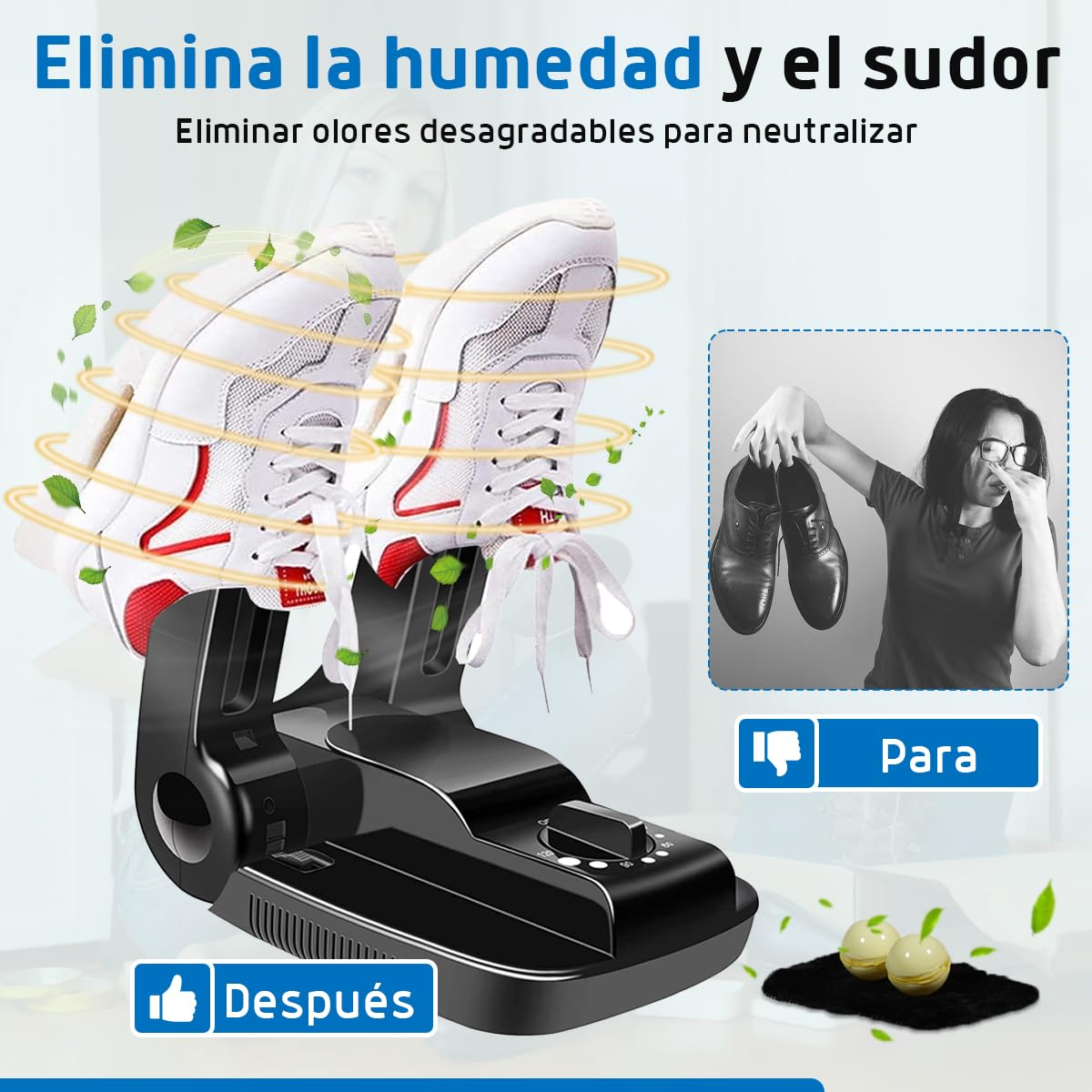 Fleau Secador de zapatos inteligente Función de secado/ozono - Ambientador de zapatos - Eliminador de olores - Incl. Bolas perfumadas y cepillo para zapatos (Secador de zapatos con temporizador)