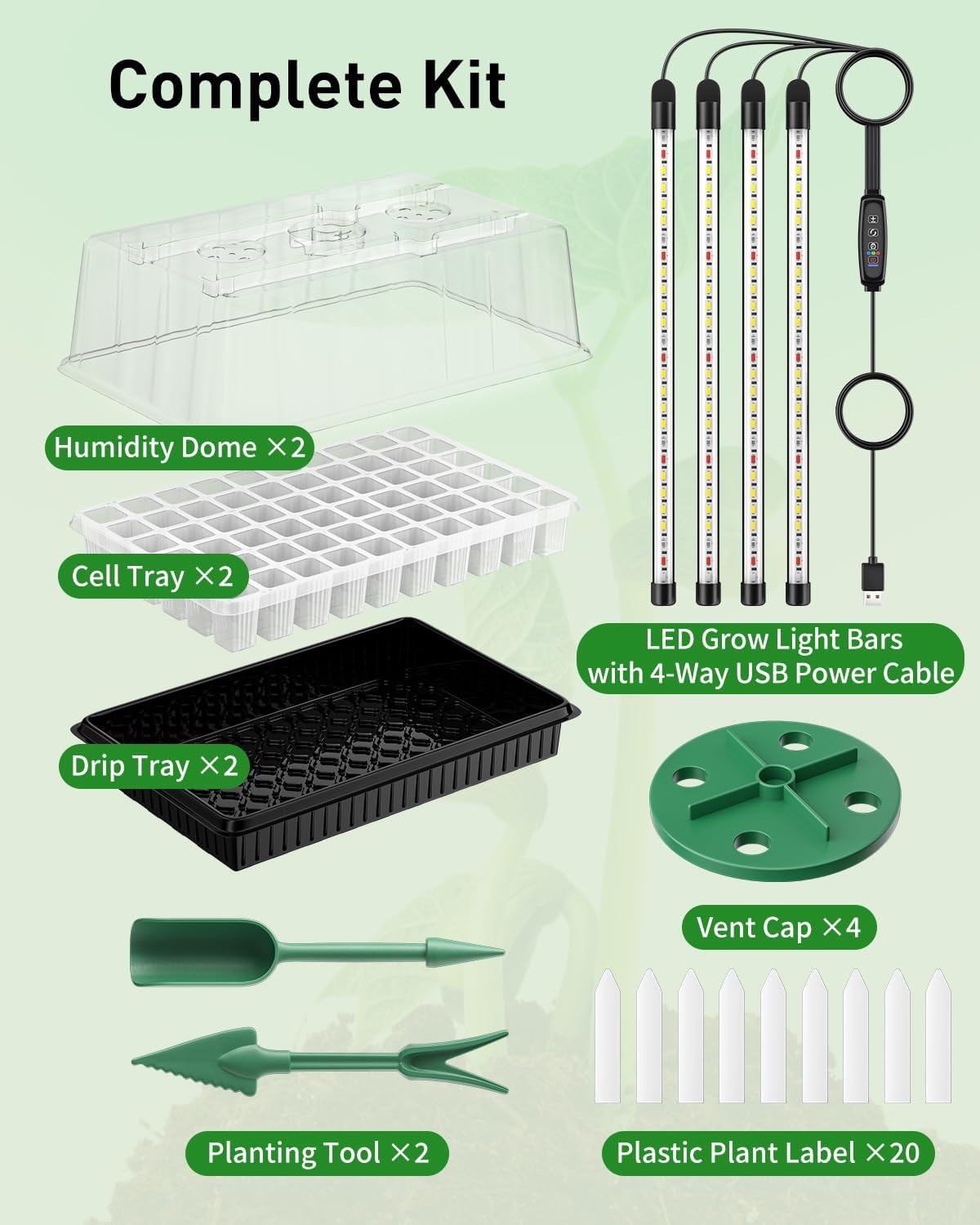 Pawfly 2 Pack Seed Starter Kit, 120 Cells, Seed Starter Trays with Adjustable Grow Light Bars & 4" Humidity Domes, Indoor Seedling Starter Trays, Reusable Plant Germination Trays, Seed Starting Trays