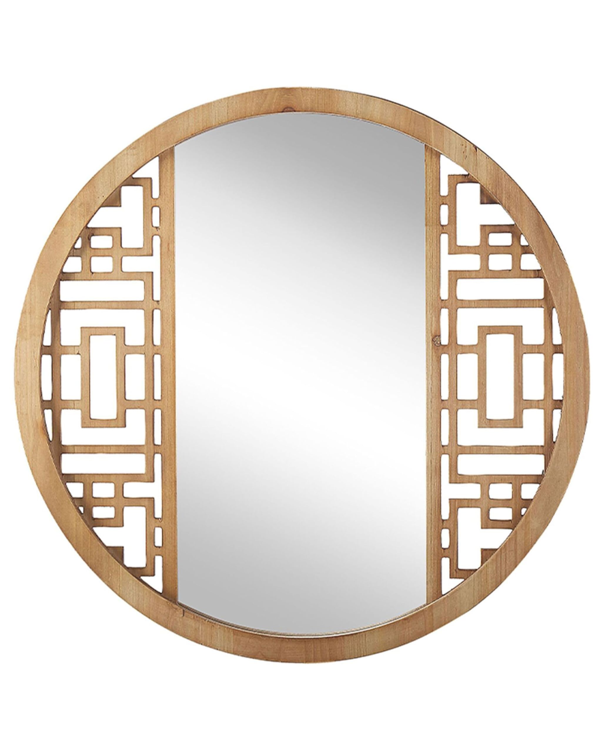 Beliani Light Brown Round Wall Mirror En Frame 60 Cm Geometric Mid-Century Firminy