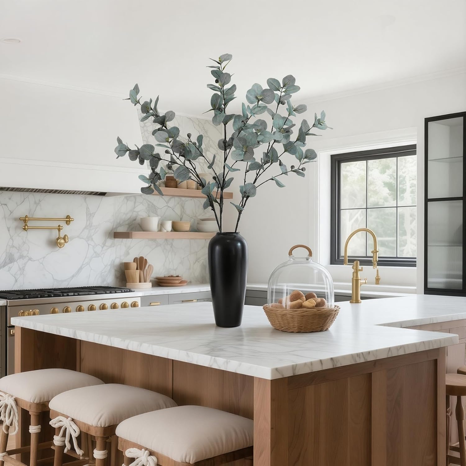 KBREE 41.3" Eucalyptus Stems, 3 Pcs Faux Eucalyptus with Seed Pods, Extra Long Stems Greenery Decor for Tall Vase, Home, Wedding & Office (Silver Green)