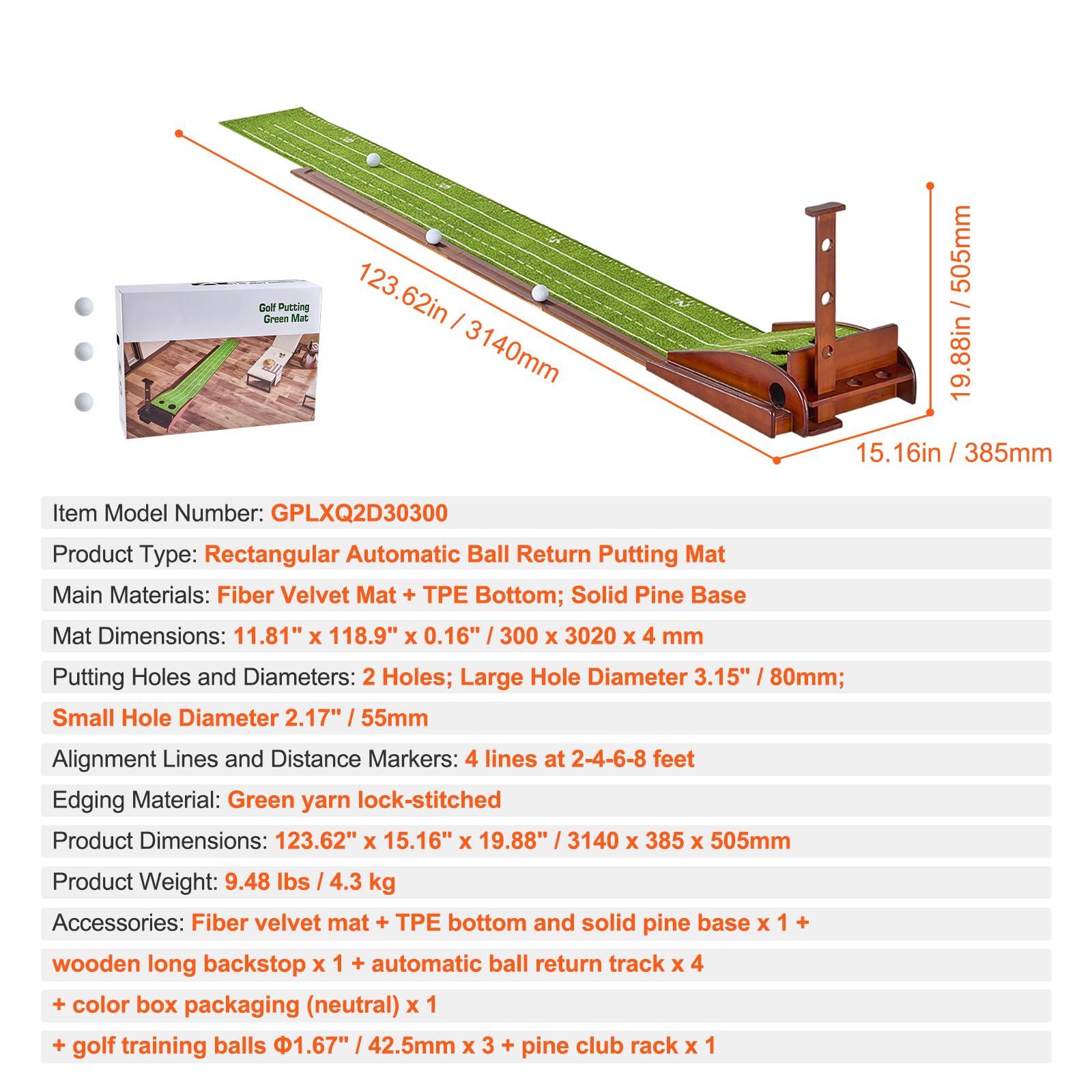 VEVOR Golf Puttingmatte, Golfmatte mit 2 Löchern, Indoor/Outdoor Golf Übungsmatte, Minigolf-Set mit automatischer Ballrückführung, Ausrichtungsleitfaden, Holzbasis, Golf-Trainingsgeräte, Grün