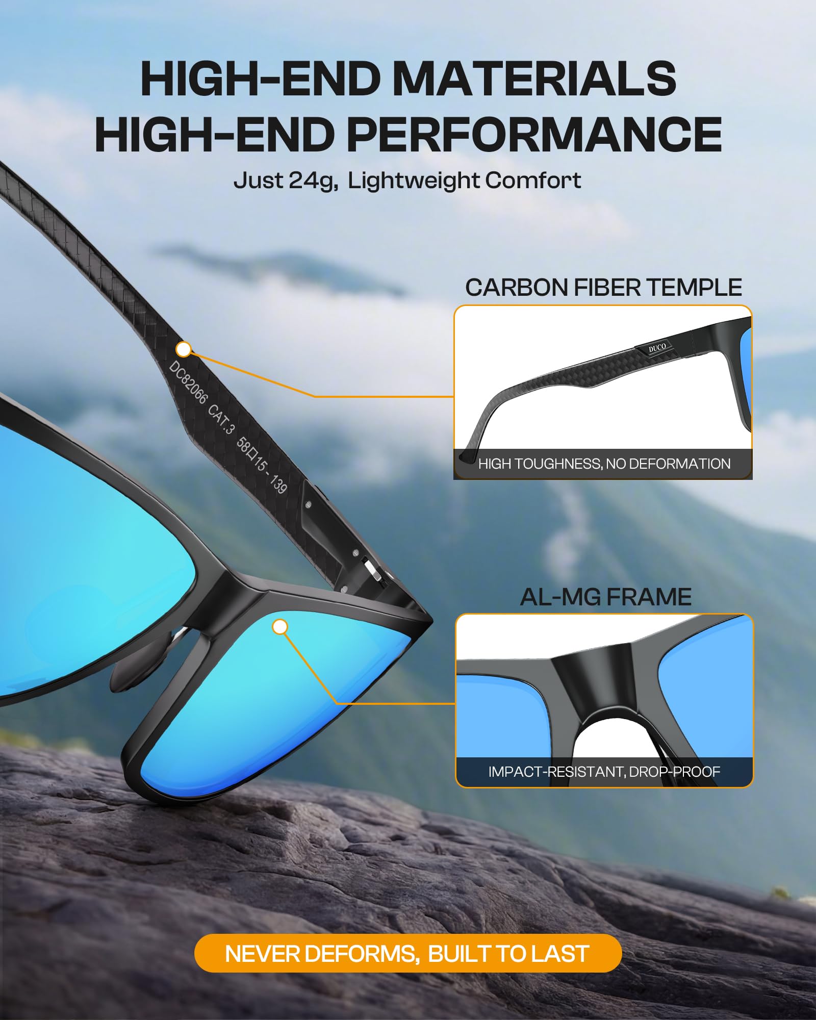 DUCO Rechteckig Herren Polarisiert Sonnenbrille mit Kohlefaser Brillenbeine | UV400 Glasses, Klassische Metallrahmen, Verstellbar Nasenpads, Nicht Drücken, Geschenk für Valentinstag Thanksgiving DC8206