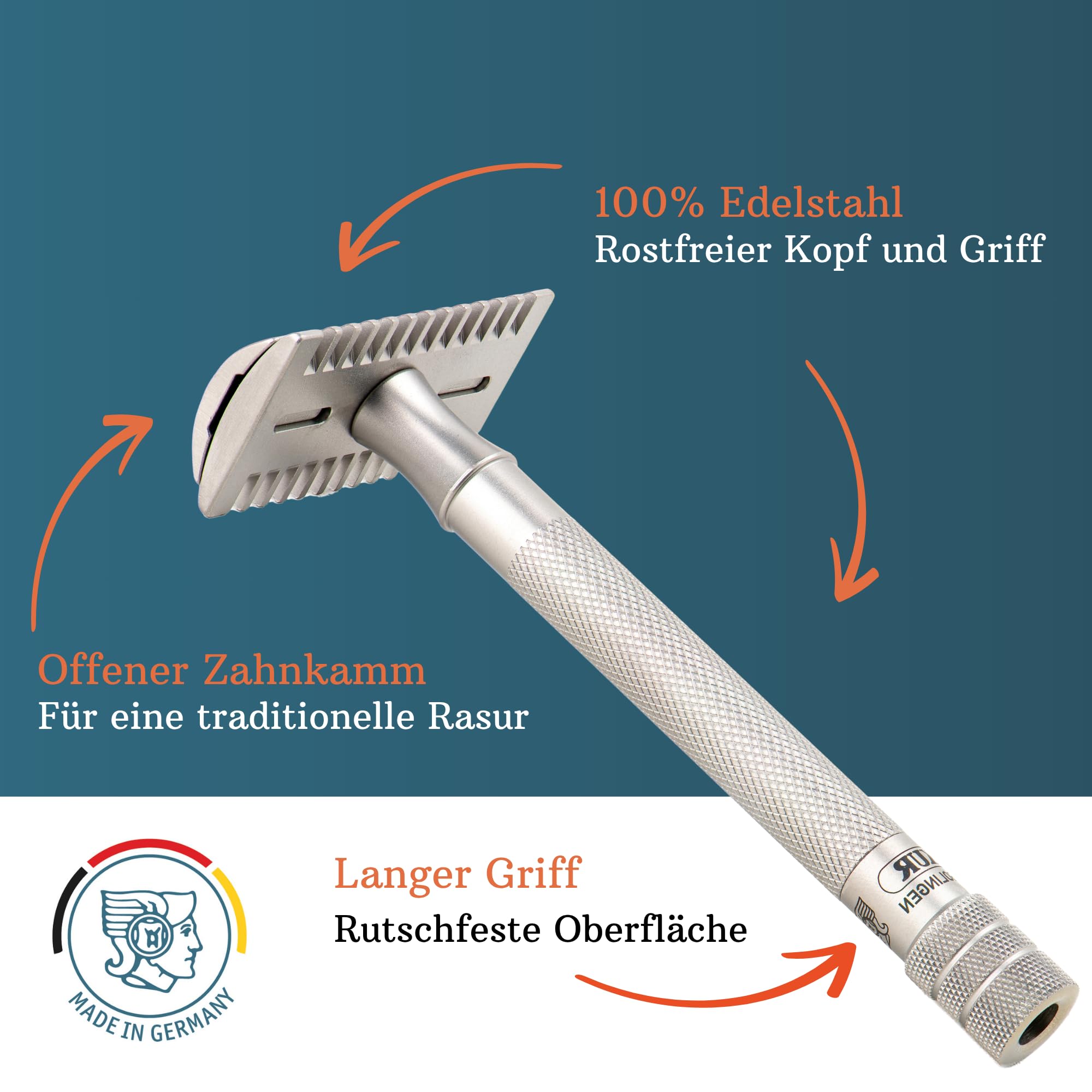 MERKUR Edelstahl Rasierhobel 25 INOX | Seidenmatt | Dreiteiliger Premium Rasierer mit geradem Schnitt | Offener Zahnkamm | Ideal für Nassrasur | Made in Germany