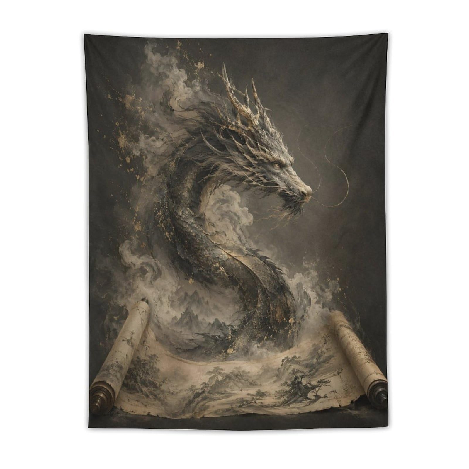 H3B8U2Y5 Dragon Emerging from Scroll Wall Tapestry, Mythic Ink