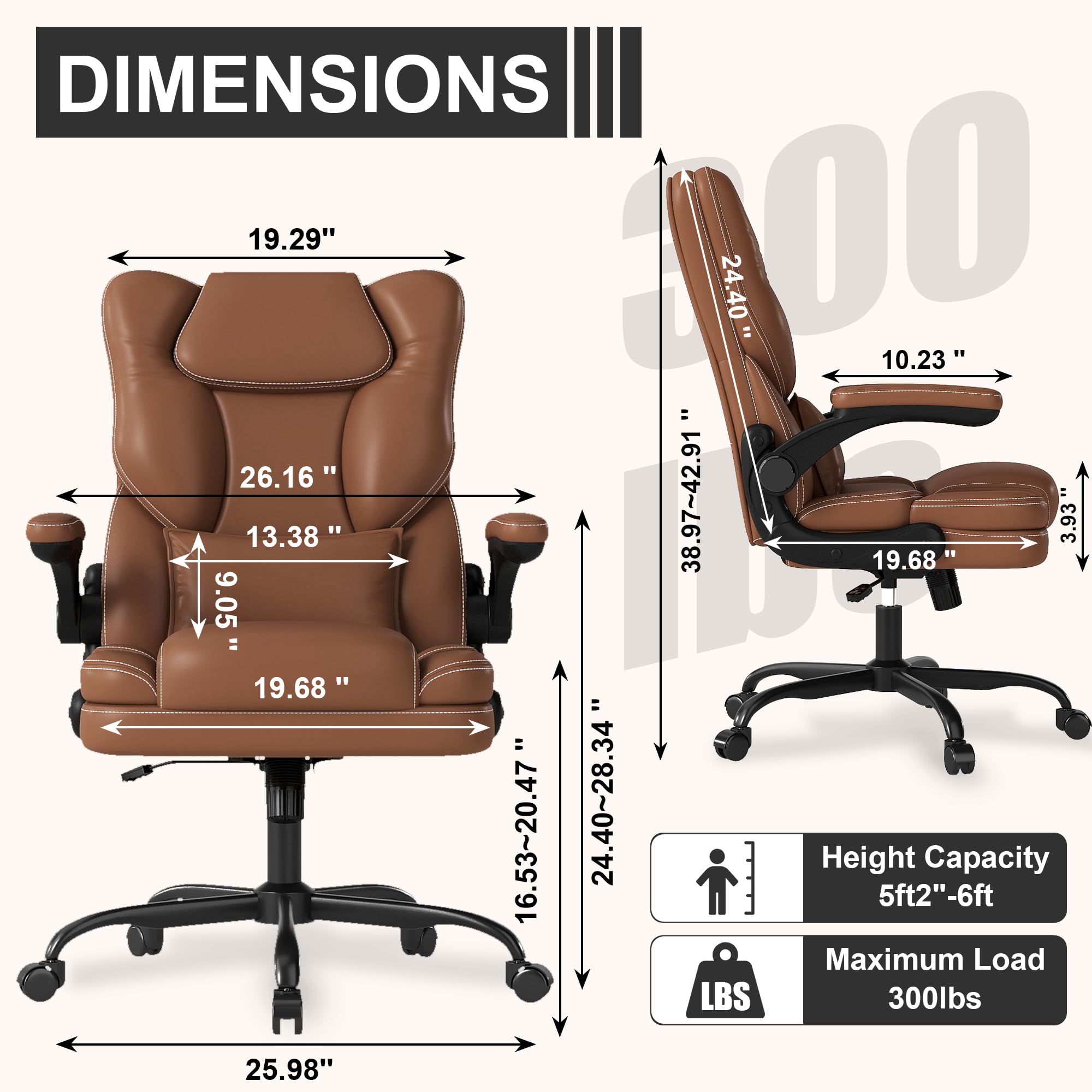 Ergonomic Office Chair with Flip-up Armrests 300lbs,Middle- Tall Computer Office Desk Chair with Lumbar Support,Executive PU Leather Chair with Rocking Function Adjustable Height for Home Office