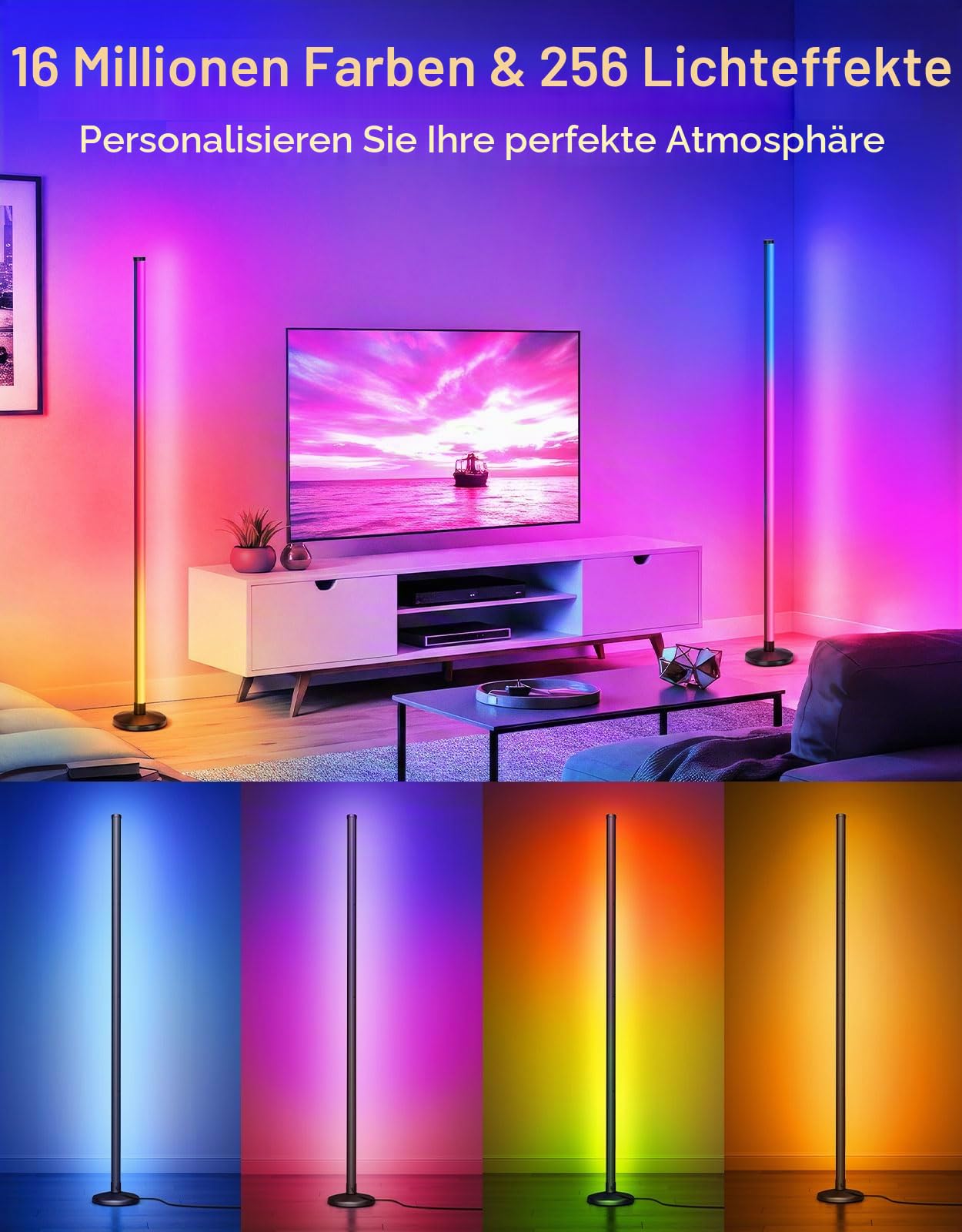 OUTON LED Stehlampe 2pack, Dimmbar, Fernbedienung und APP-Steuerung | Musik-Sync, RGBCW-Licht, 16 Millionen Farben, höhenverstellbar, für Wohnzimmer, Schlafzimmer