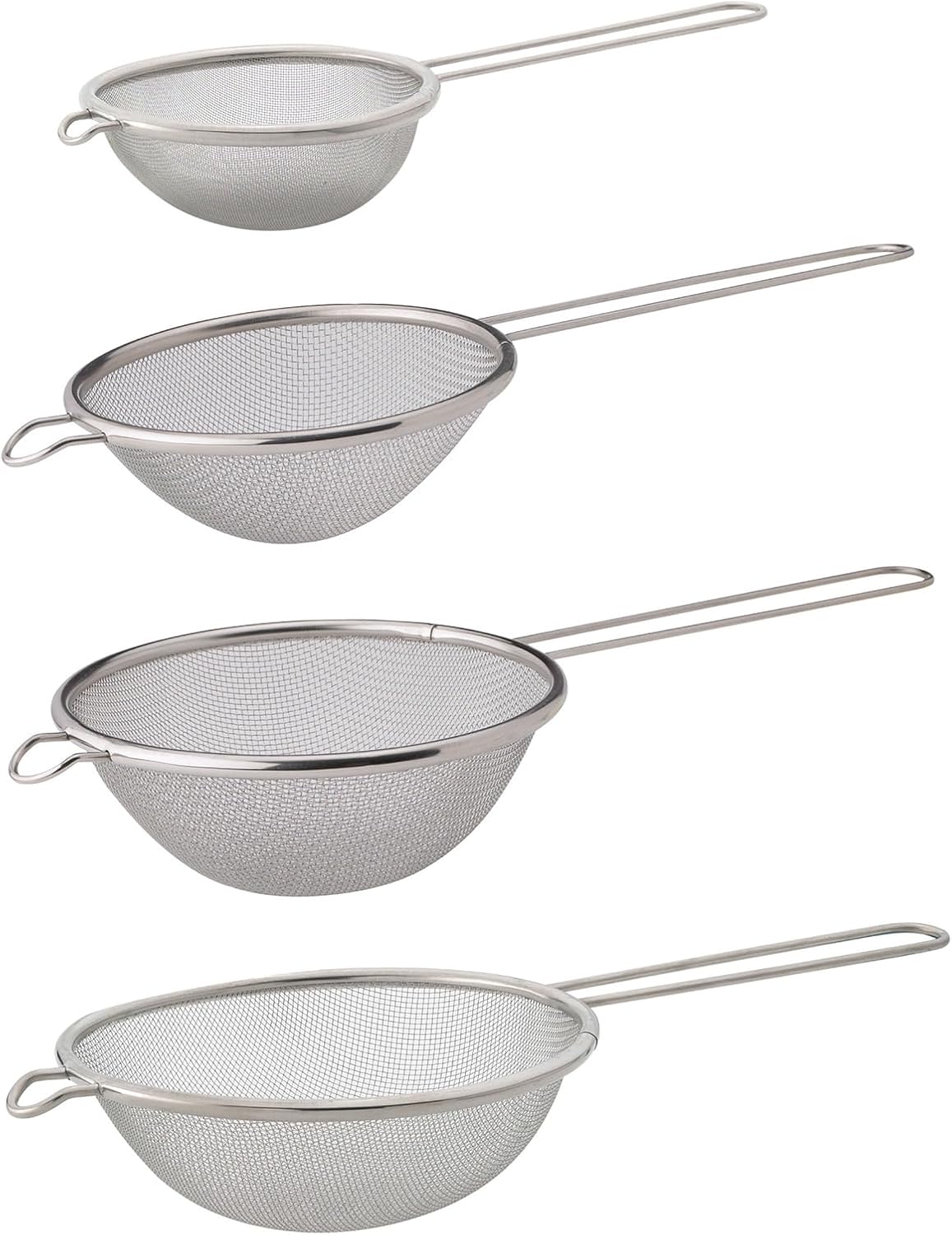 HIC Kitchen Fine Mesh Strainers with Helper Handles, 18/8 Stainless Steel, Set of 4, 2.5, 3.75, 5.5, 7-Inch Strainers