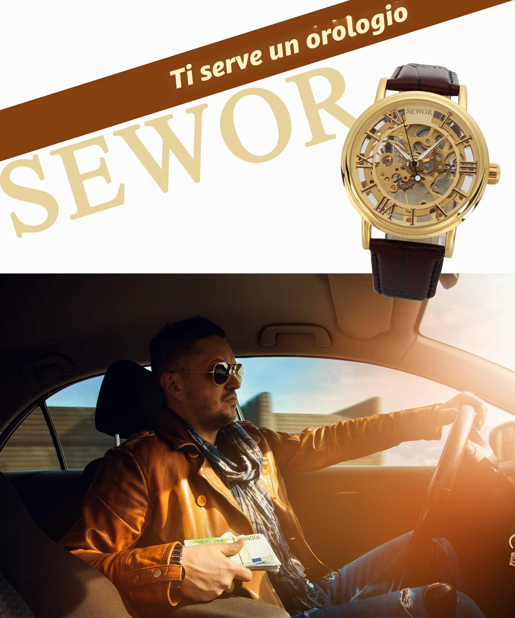 SEWOR orologio scheletrato da uomo in stile vintage a carica manuale meccanico con cinturino in pelle marrone