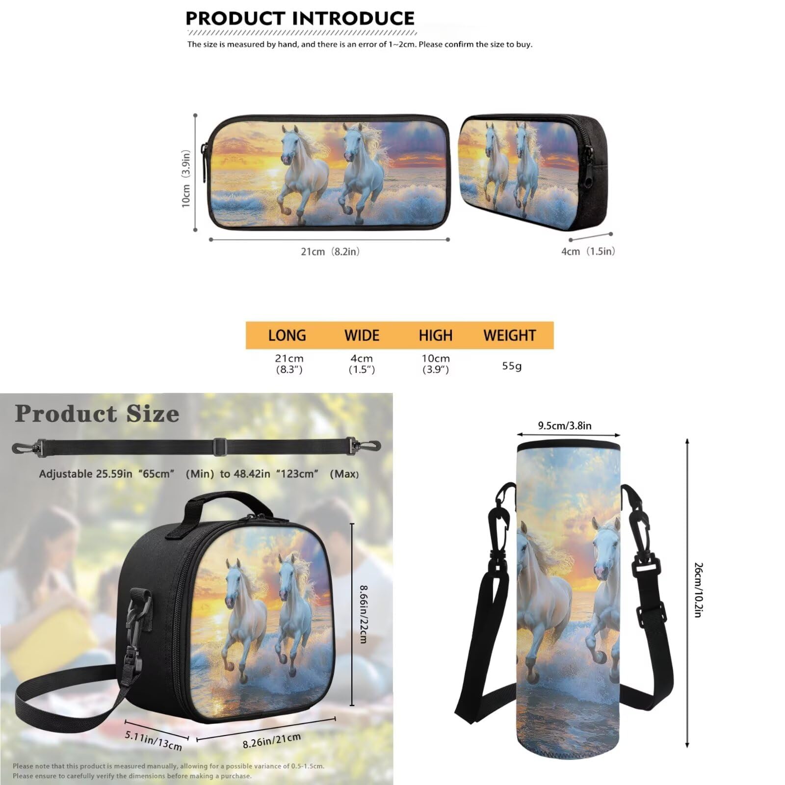 Juegos de mochilas escolares para niños con lonchera y botella de agua, mochila de viaje para niños y niñas, Estampado de caballo, Talla única