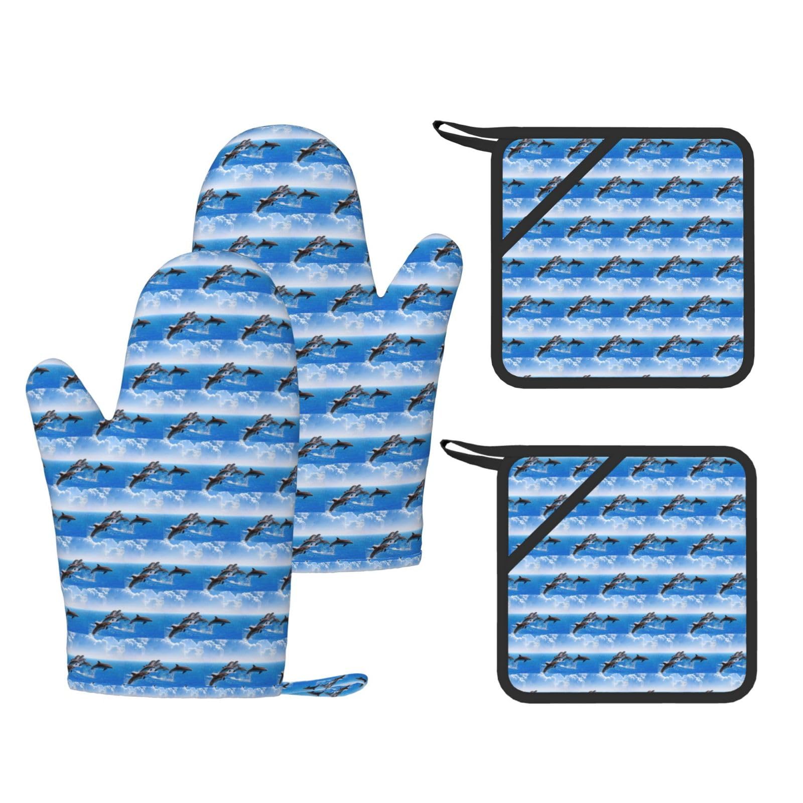 Unique 3D Animal dolphin Printed Potholder and Oven Mitt Set of 4, High Heat Resistant Cooking Gloves for BBQ Grilling
