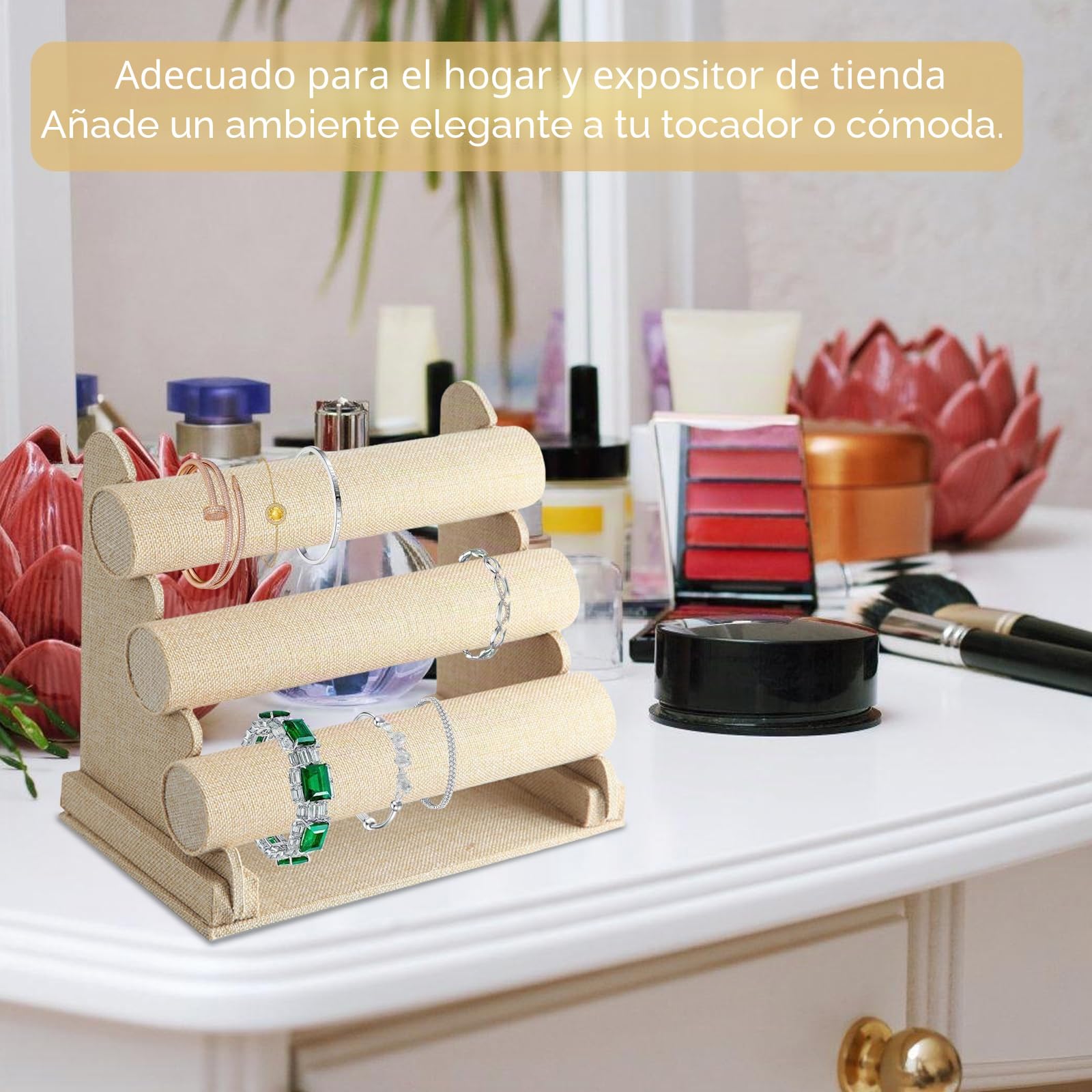 Expositor de Joyas Con 3 Niveles Extraíbles - Soporte de Terciopelo para Pulseras, Brazaletes, Relojes y Collares (Caqui)