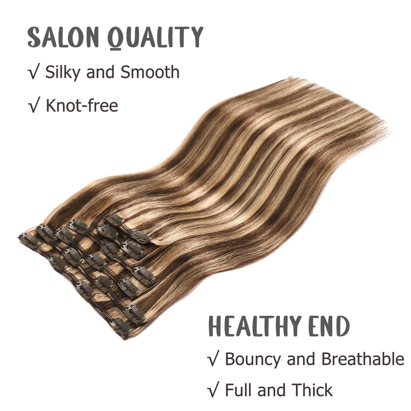 VINBAO Extension Capelli Veri Clip 120g 45cm Marrone Cioccolato Misto Biondo Scuro Clip Extension Capelli Veri, 6pcs Clip Capelli Veri Lisci Estensioni Dei Capelli Umani Reali (#4P27, 18'')