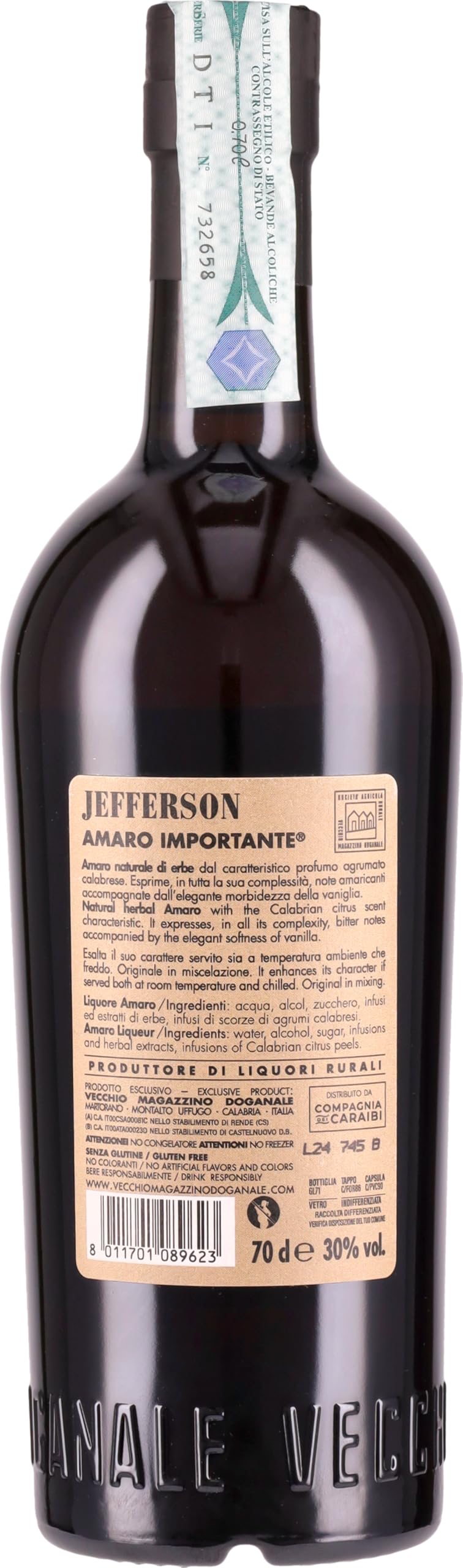 Jefferson Amaro Importante, 700 ml, Note Agrumate ed Erbacee, Ideale con Bitter e Vermouth, Botaniche Selezionate e Raccolte a Mano, Jefferson Amaro Calabrese, Idea Regalo, 30% Vol.
