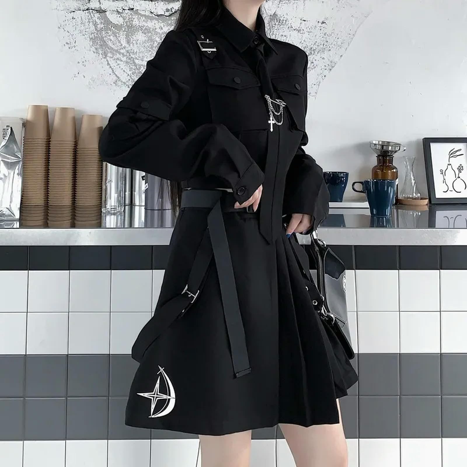 WEITING Gothic-Kleidung für Damen, Faltenrock, Langarm-Shirt, zweiteiliger Anzug, Harajuku, Vintage, koreanischer Punk-Stil, schwarzes Set, Kleid-zweiteiliger Anzug-XL