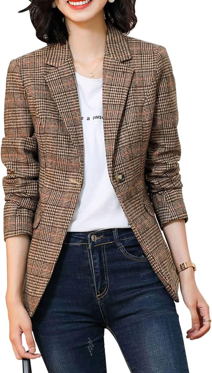 ebossyWomen's Notch Lapel 2 Button Boyfriend Blazer Suit Houndstooth Plaid Jacket Coat