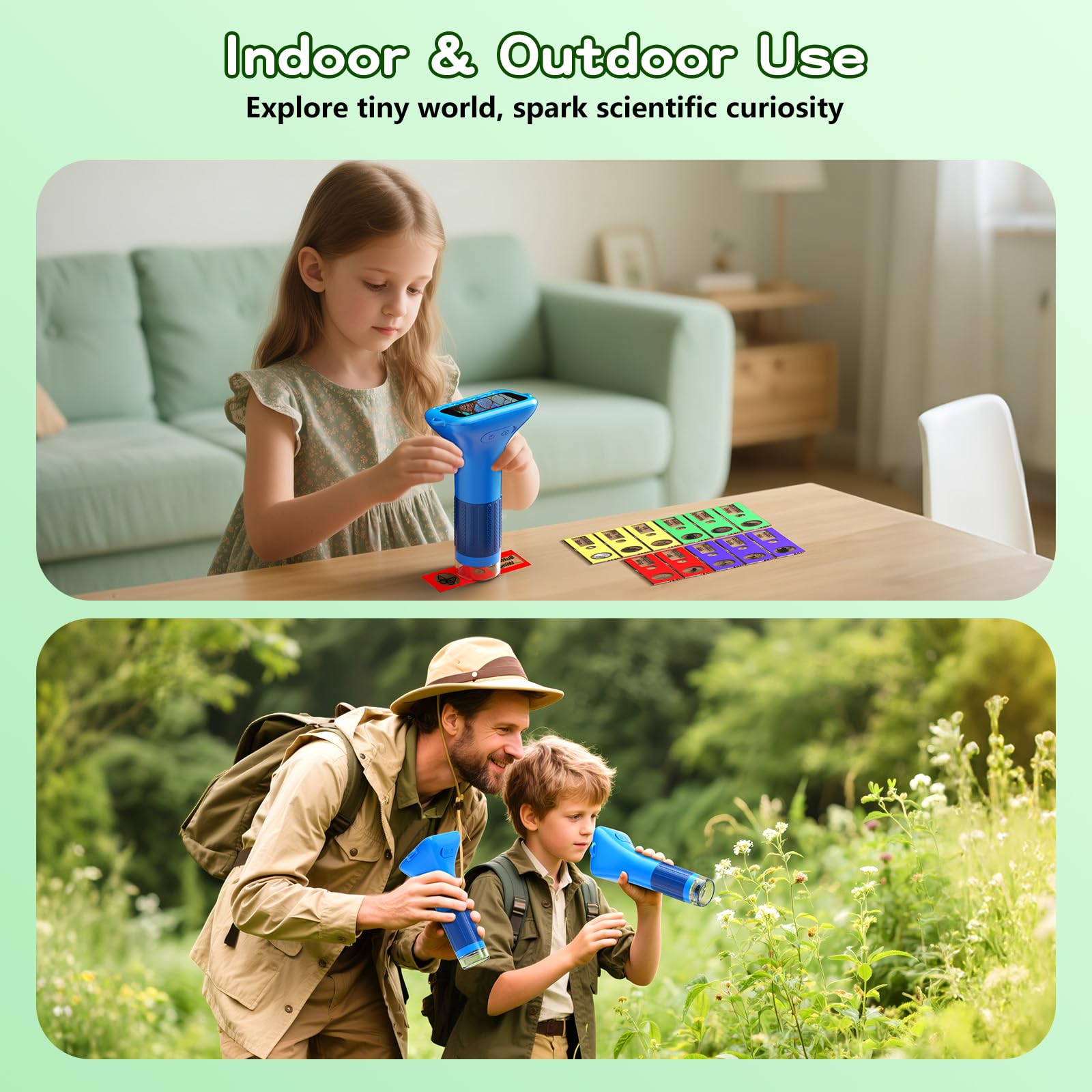 Odatay Microscopio per bambini con 12 vetrini, 100X-1000X 1080P, mini microscopio portatile tascabile per bambini, giocattoli scientifici, idea regalo per bambini di 3+ 4 5 6 7 8 9 10 11 12 anni, blu