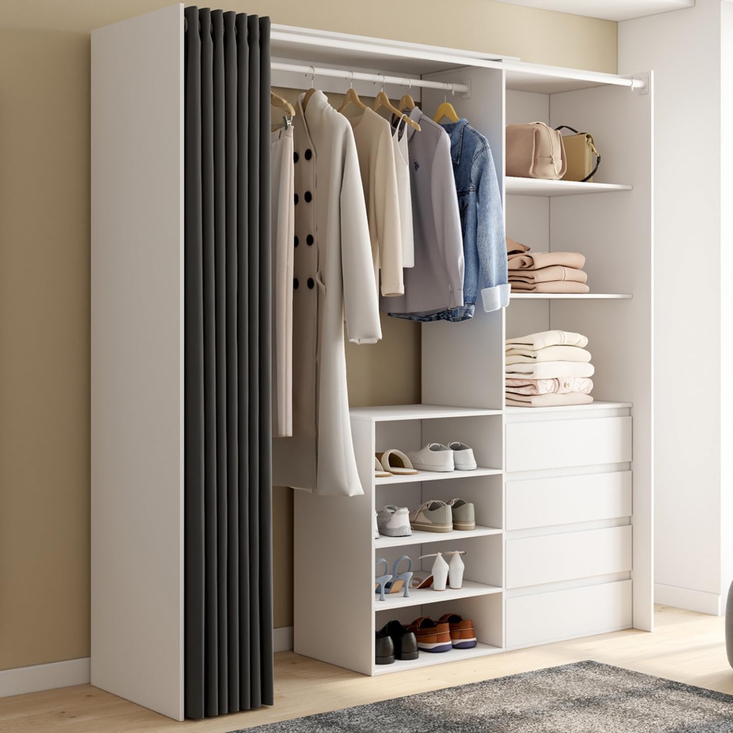 IDMarket - Dressing extensible XXL MARTY 120/170 x 50 x 180 cm blanc avec 4 tiroirs + étagères + penderie + rideau gris