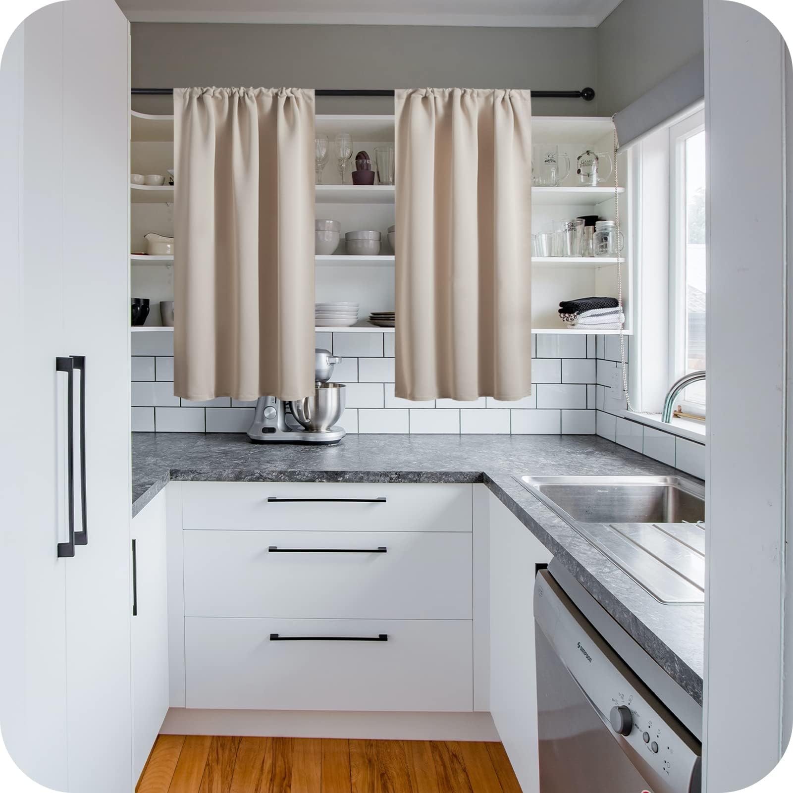MRTREES Beige Blackout Curtains for Kitchen Window over Sink Short Waterproof Curtains for Bathroom Window with Rod Pocket 2 Panels 60x60 CM 24x24 Inch Beige - Image 2