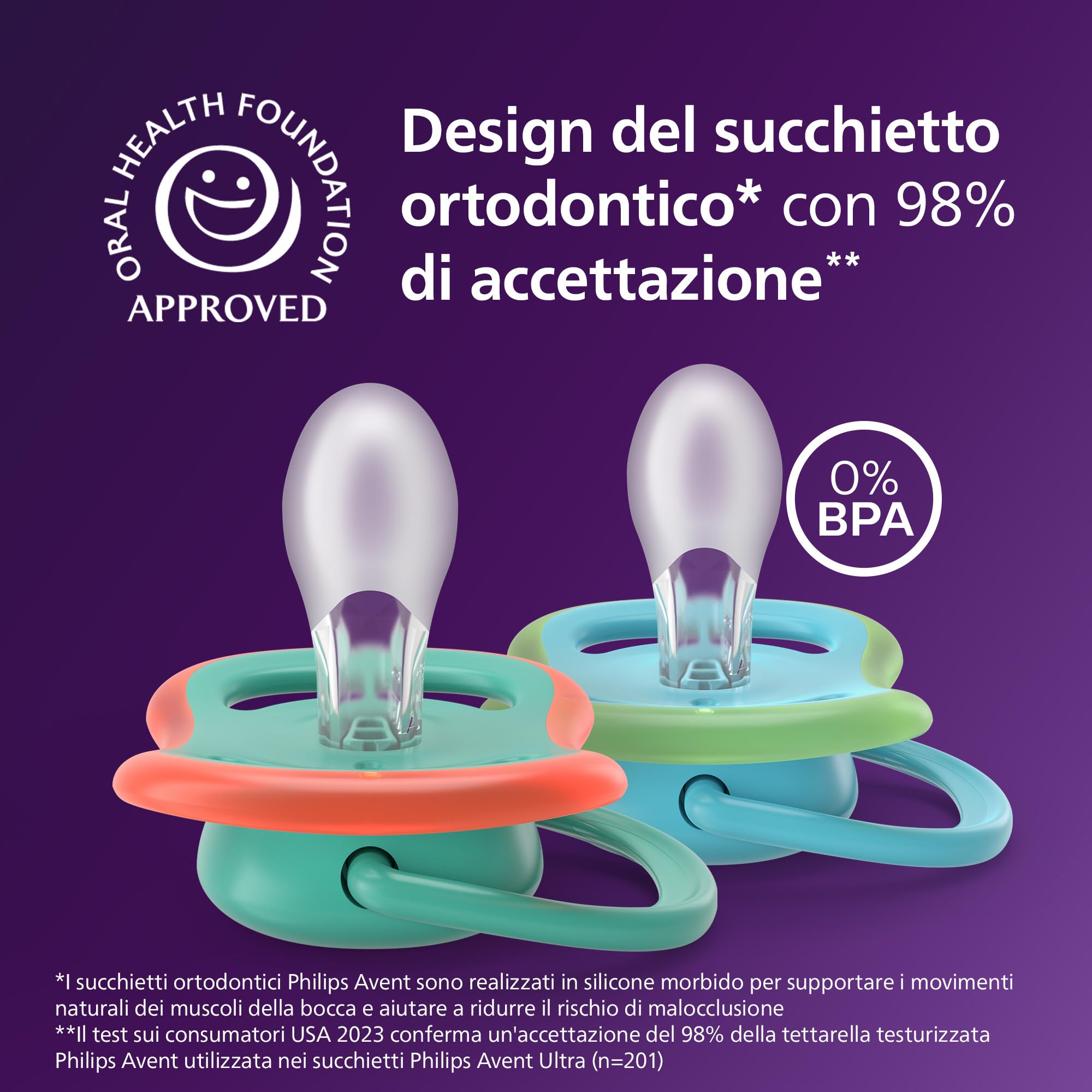Philips Avent Ultra Air Day & Night Ciuccio - Design ortodontico, per neonati 6-18 mesi, modello fluorescente, tettarella simmetrica in morbido silicone, senza BPA, confezione da 4, SCF087/27