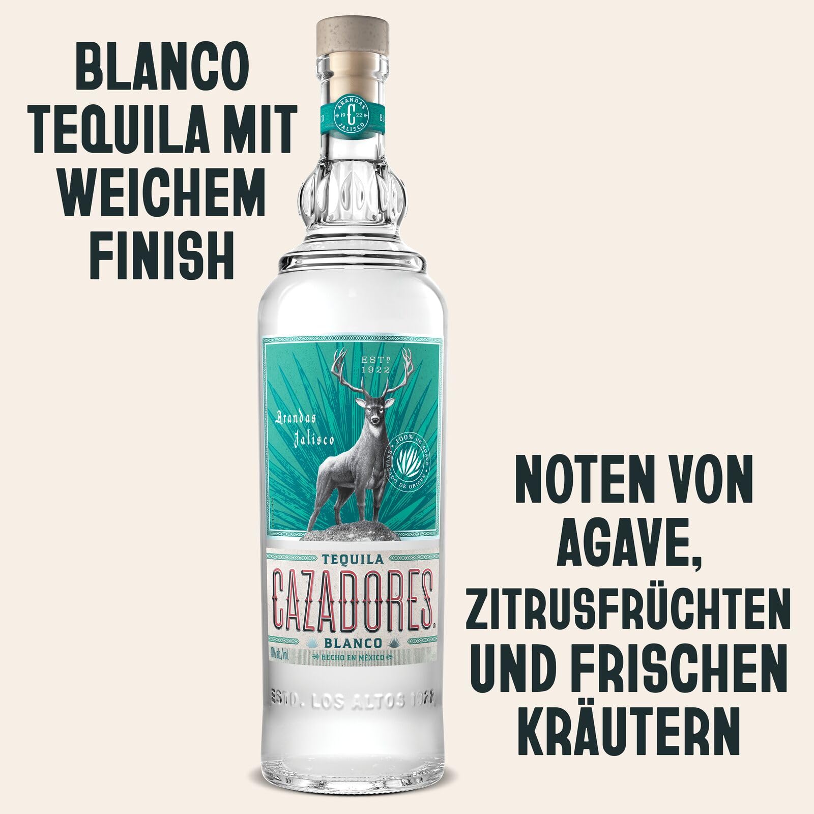 CAZADORES Tequila Blanco, 40% Alkoholgehalt, 70cl / 700ml, Doppelt Destillierter Alkohol aus 100% Blauer Weber-Agave