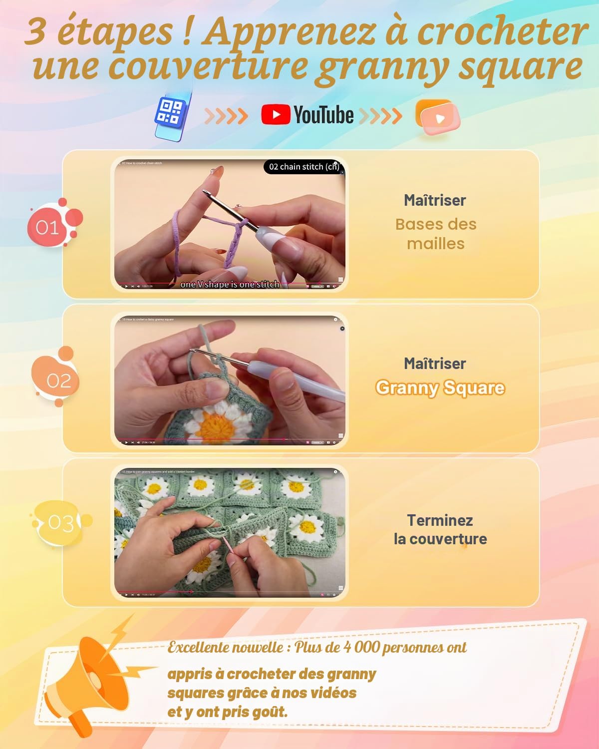 Coopay Granny Square Kit de Crochet pour Débutant et Pro, Crochet Kit pour Couverture à Marguerites, avec 2 Crochets, 22 Pelotes de Laine à Crocheter, Instruction en Français & Vidéo Étape par Étape