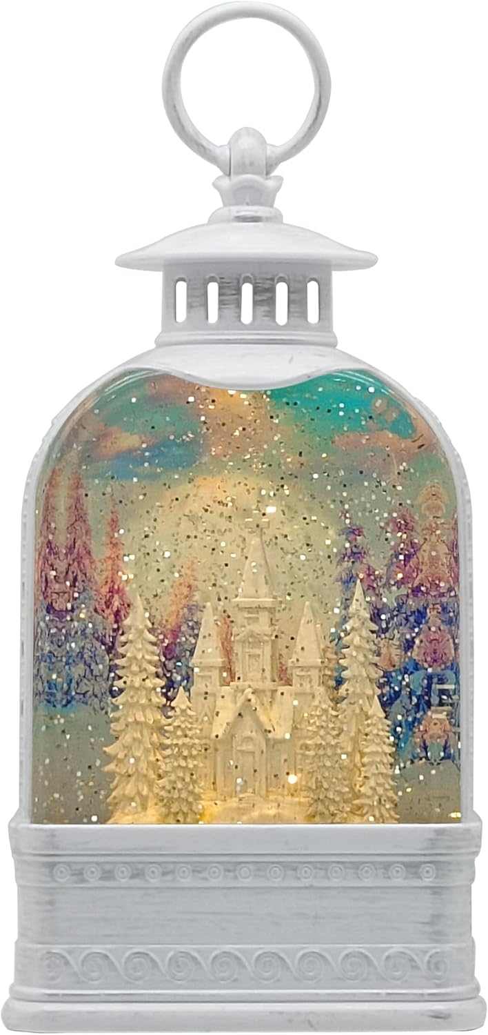 Victory Creative Christmas Illumination Winter Church Musical Water Globe Lantern 9.5" Snow Globe Glitter Spinner Battery Operated Timer & USB Xmas Light Up Water Globe Home Decor