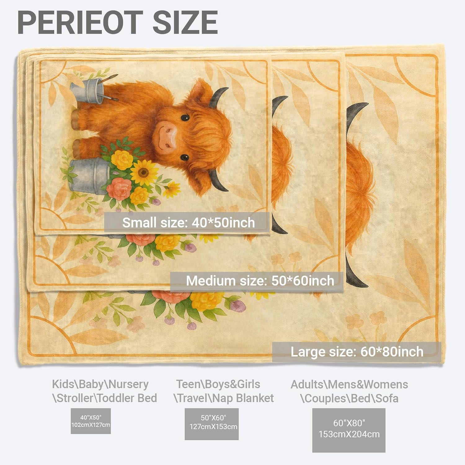 Cute Highland Cow Lightweight Throw Blanket, Farmhouse Cartoon Animal with Flower, Warm Soft Cozy Flannel Blankets, Couch Bed Home Decor All Season Use, 60x50in, Beige, Gifts for Farm Lovers - Image 2