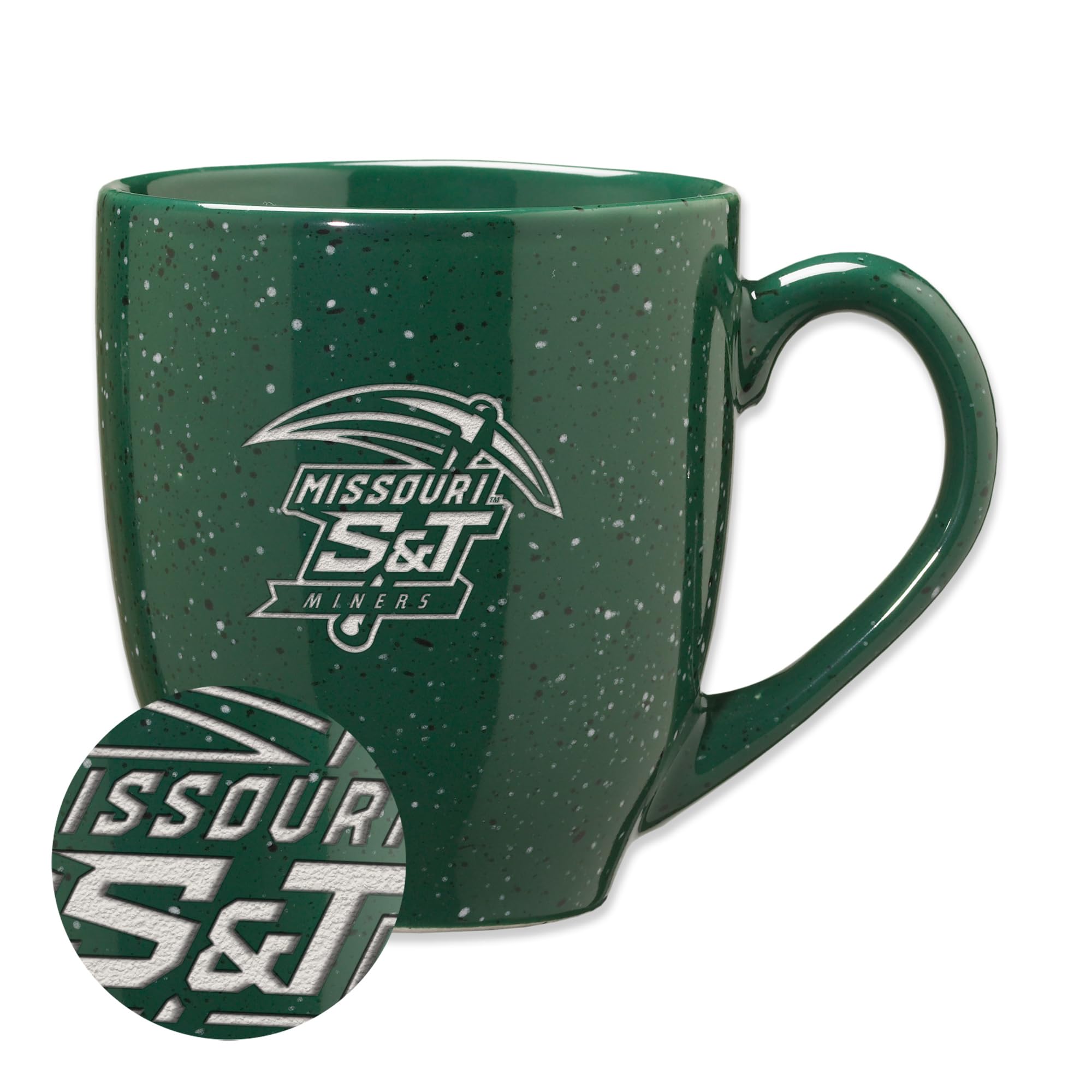 Rico Industries NCAA Missouri Science/Tech Miners Primary Logo Green 16 oz Team Color Laser Engraved Speckled Ceramic Coffee Mug