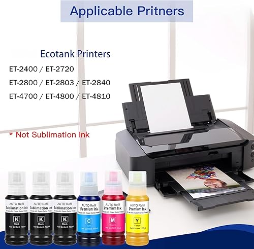 Miniatura 10 de 522 botellas de repuesto de tinta para Epson EcoTank ET-2800, ET-2803, ET-2840, ET-2400, ET-4800, ET-4810, ET-4700, Epson EcoTank ET-2720(BK C M Y,