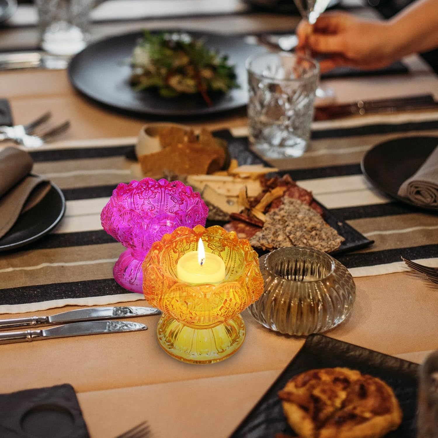 GLEAVI Glass Candleholder Set 3pcs Religious Style Crystal Glass Candle Holders Small Yellow Purple Green Tea Light Candle Holder for Home Decor and Spiritual Use