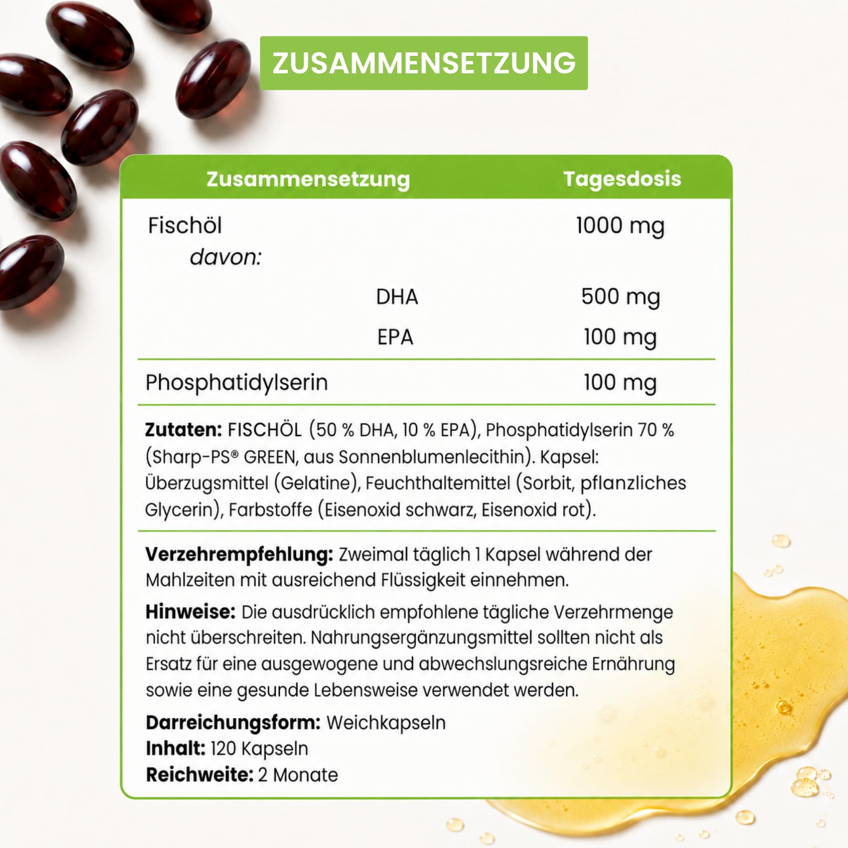 500 mg DHA Omega-3 (Triglyceride) + 100 mg Phosphatidylserin, ohne Soja – für Gehirnfunktion & Sehkraft – 120 Mini-Softgels – DHA-PS Nutribiolite
