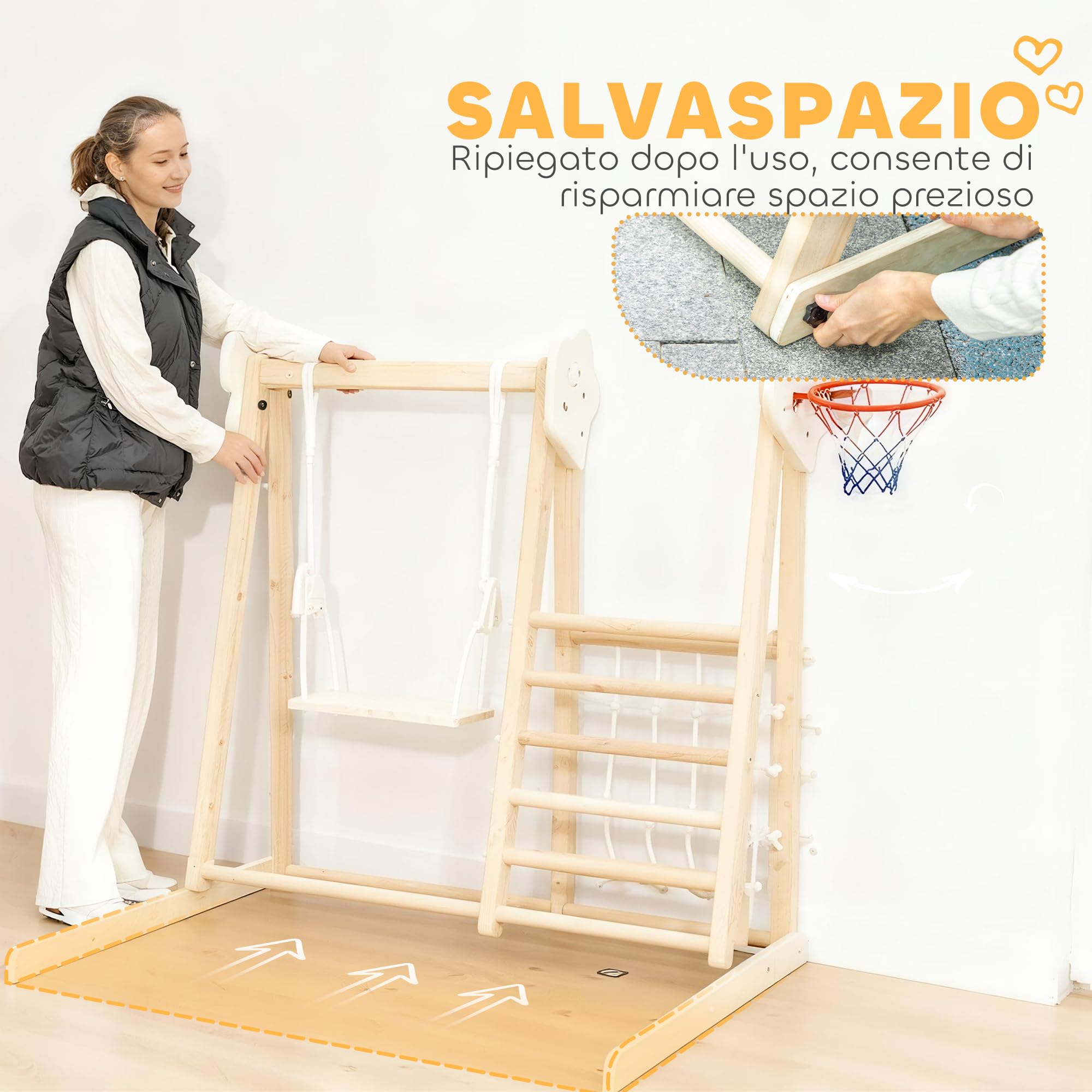 AIYAPLAY Struttura da Arrampicata per Bambini 5 in 1, Parco Giochi in Legno con Scivolo, Pannello e Rete da Arrampicata, Altalena e Canestro, Gioco Montessori Educativi Pieghevole da Interno, 3-6 Anni