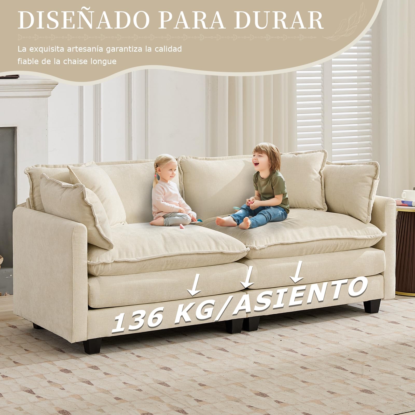 SoarFlash Sofá Moderno con reposabrazos, Tejido Chenilla, Cojines de Doble Relleno, Ideal para salón/Dormitorio/apartamento, sofá de 3 plazas en Forma L, Color Beige
