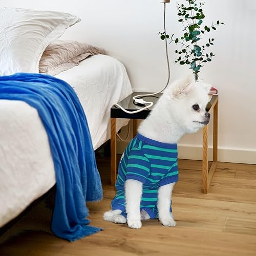 Miniatura 6 de TONY HOBY Pijama para perro mediano y pequeño, overol para perro con rayas de 4 patas, pijama suave para perros (azul y verde, niña, M)
